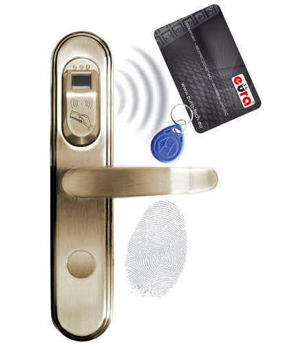 SZYLD ZAMKA ELEKTROMECHANICZNEGO ELH-50B9 brass - z czytnikiem kart zbliżeniowych (RFID) i czytnikiem linii papilarnych, mosiądz