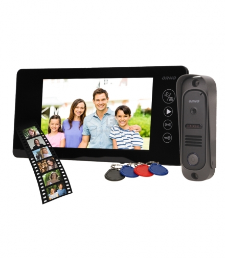 Zestaw wideodomofonowy bezsłuchawkowy, kolor, 7" LCD, pin hole, pamięć, z czytnikiem breloków zbliżeniowych, czarny, ARCUS RFID 