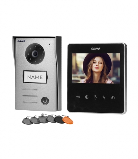 Zestaw wideodomofonowy 2-żyłowy bezsłuchawkowy, kolor, 4,3" LCD, z czytnikiem breloków zbliżeniowych, czarny, NAOS RFID Orno OR