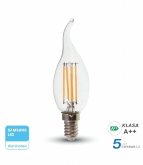 Żarówka LED E14 4W CF37 Filament, Klosz Transparentny, Chip SAMSUNG, Ciepła, Barwa:2700K, Trzonek:E14 V-TAC 275