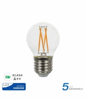 Żarówka LED E27 4W G45 Filament, Klosz Transparentny, Chip SAMSUNG, Ciepła, Barwa:2700K, Trzonek:E27 V-TAC 280