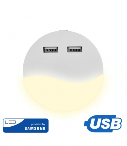 Lampka Nocna do Gniazdka LED z USB V-TAC SAMSUNG CHIP Okrągła VT-84 3000K 10lm