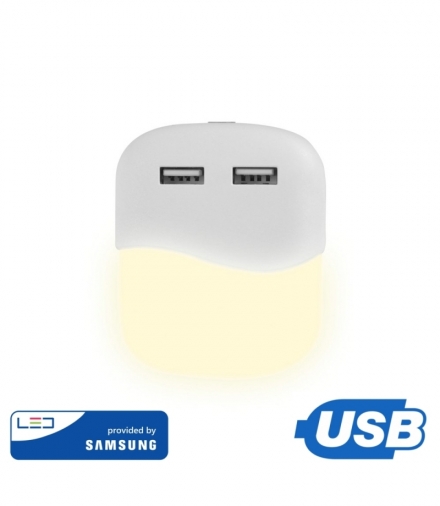 Lampka Nocna do Gniazdka LED z USB V-TAC SAMSUNG CHIP Kwadrat VT-84 3000K 10lm