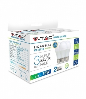Żarówka LED V-TAC 11W E27 A60 (Opak. 3szt) VT-2113 2700K 1055lm