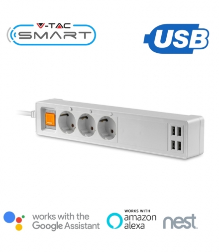 Listwa Przedłużacz 3-gniazda 4 Porty USB V-TAC WiFi Amazon Alexa, Google Home, Nest VT-5018