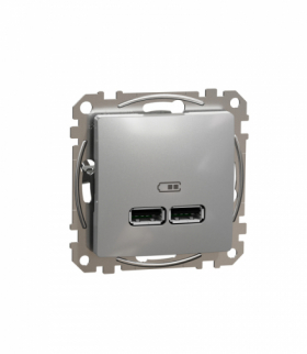 Sedna Design & Elements, Gniazdo ładowania USB typ A+A 2,4A, srebrne aluminium Schneider SDD113401