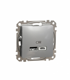 Sedna Design & Elements, Gniazdo ładowania USB typ A+C 2,4A, srebrne aluminium Schneider SDD113402