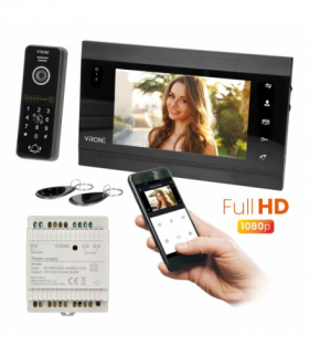 VIFIS Full HD zestaw wideodomofonowy z kamerą Full HD (bezsłuchawkowy , szyfrator, czytnik zbliżeniow, sterowanie z aplikacji, zasilacz na szynę DIN, czarny) Orno VDP-61FHDZD/B