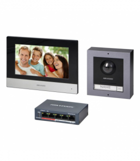 HIKVISION DS-KIS602 zestaw wideodomofonowy PoE jednorodzinny z monitorem dotykowym 7" z WiFi, panelem zewnętrznym z kamerą FullHD i PoE switch DS-KIS602