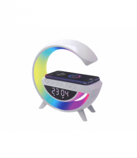 Inteligentna lampa LED RGB z ładowarką indukcyjną, wyświetlacz LCD, głośnik Bluetooth, Radio FM, USB,TF,AUX, zegar, alarm, akumlator LAMEX LXBT3401