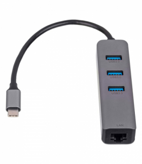 Hub USB AK-AD-66 type C do 3x USB 3.0 z kartą sieciową 10/100/1000 15cm TFO Akyga AKKSGZASAKY00096