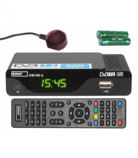 Tuner DVB-T2 EMOS MINI EM190, czujnik IR, pilot programowalny LXEM190