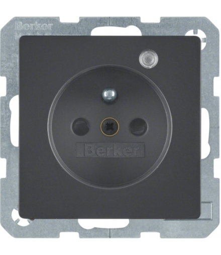 Q.x Gniazdo z uziemieniem z diodą kontrolną LED, z podwyższoną ochroną styków, antracyt, aksamit lakierowany Berker 6765096086